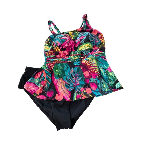 Susan Graver Soleil One Shoulder Swimsuit with Self Trim Sz 14 Black Multi Palm - Picture 2 of 10